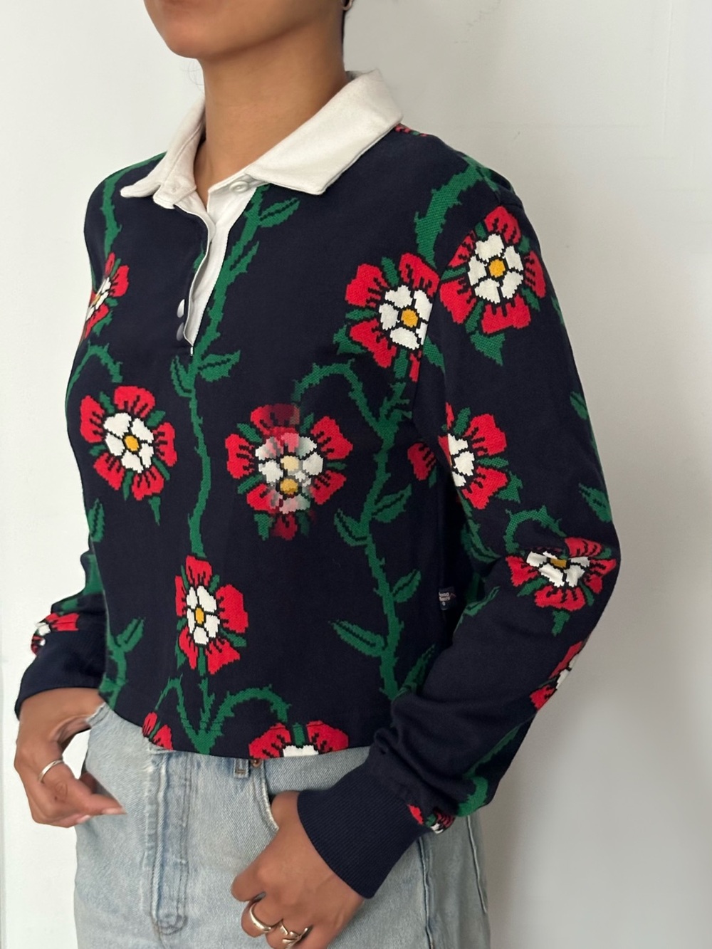Rowing Blazers Navy Floral Polo Crop Sweater with White Collar